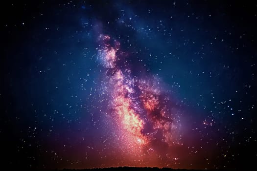 Vibrant galaxies and twinkling stars illuminate the night, creating a breathtaking celestial spectacle above tranquil hills.