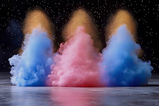 Bright pink and blue clouds of powder burst into the air, creating a mesmerizing spectacle under a sparkling night sky.