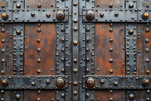 Rustic wooden doors adorned with metal studs and bolts stand tall, showcasing a blend of history and craftsmanship in an ancient style.