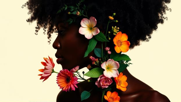 The woman's face profile is covered in bright colors. High quality photo
