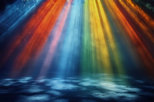 Vibrant beams of sunlight filter through tree branches, casting colorful reflections on the ground during early morning tranquility.