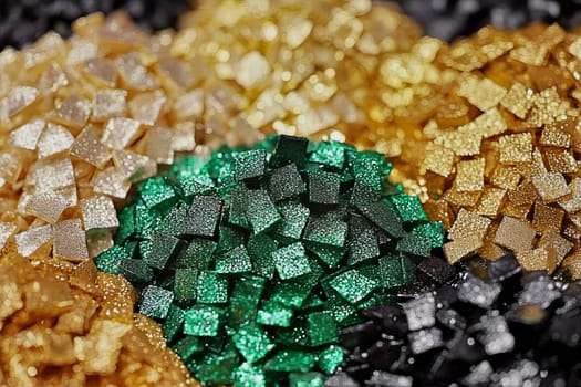 A vibrant assortment of shiny square confetti pieces in gold, green, black, and silver, inviting joy and creativity for various festivities.