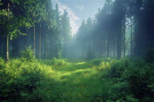 Gentle sunlight filters through tall trees, illuminating a lush green clearing with vibrant flowers, creating a serene atmosphere.