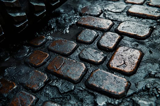 Rain-soaked cobblestones reflect a vibrant mix of colors as water pools in the grooves, creating a beautiful urban tapestry.