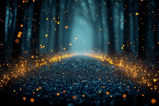 A captivating path shines with golden orbs amidst tall trees, creating a magical atmosphere during twilight hours.