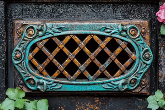 A decorative vent features a turquoise frame with ornate details, combining art and functionality on a dark background.