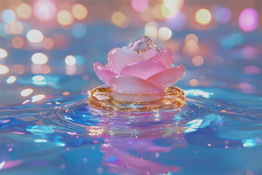 A beautiful pink lotus flower glides gracefully on still water, illuminated by vibrant bokeh lights in a soft, dreamy atmosphere.