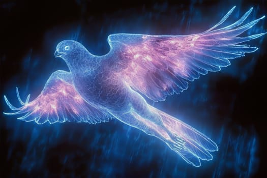 A radiant bird glides effortlessly across a vivid, glowing background as twilight hues blend, creating a magical atmosphere.