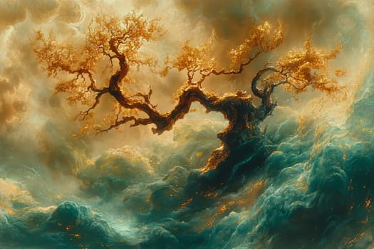 A majestic tree, adorned with golden leaves, rises dramatically above vibrant, swirling waves under a mystical, cloud-filled sky.