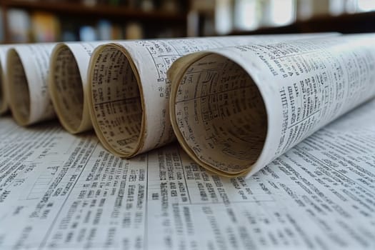 Scrolls of aged paper lie on a wooden table in a historical library, capturing the essence of untold stories and knowledge.