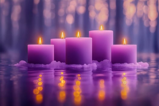 Soft purple candles illuminate a calm water surface, creating a peaceful atmosphere under a twilight sky filled with gentle hues.