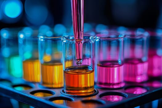 A skilled scientist adds a drop of bright liquid into a test tube filled with various vivid solutions, creating a mesmerizing spectacle.