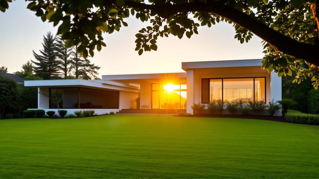 The modern individual residential house is surrounded by a well-groomed beautiful lawn. High quality photo