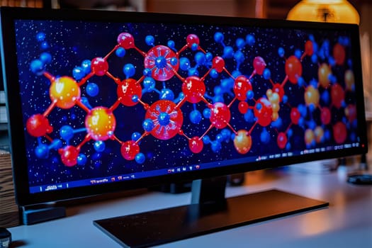 A vibrant depiction of a molecular structure lights up a stylish desktop monitor, creating an inspiring atmosphere for creativity.