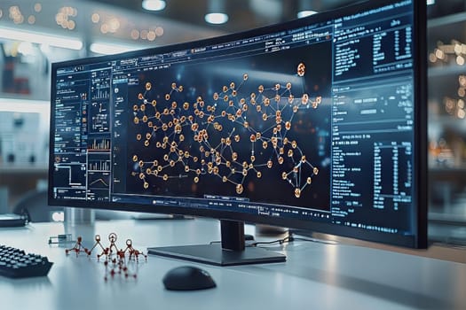 High-tech laboratory features a large computer screen displaying intricate molecular structures and data analysis in progress.