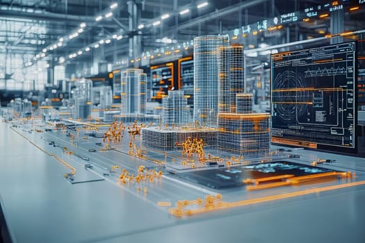 A sleek table showcases a futuristic city model, featuring innovative architecture and smart tech in an industrial setting.