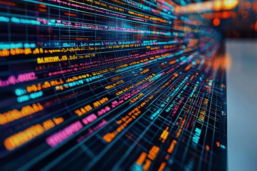 Vibrant data flows rapidly across a digital landscape, showcasing intricate patterns in vivid colors against a dark background.