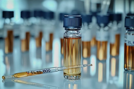 Glass vials filled with shimmering liquid are arranged elegantly on a table, while a pipette rests alongside them, awaiting use.