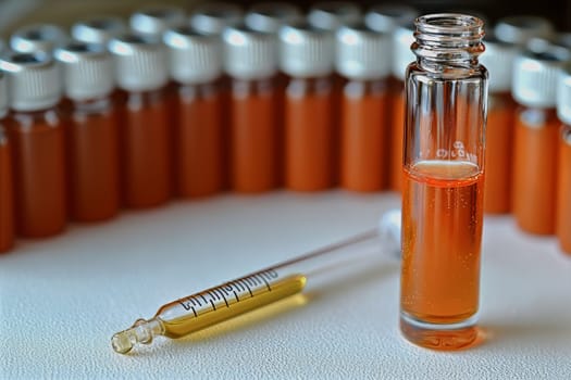 Glass vial and syringe hold vibrant orange liquid, surrounded by neatly arranged smaller vials, showcasing a laboratory setting.