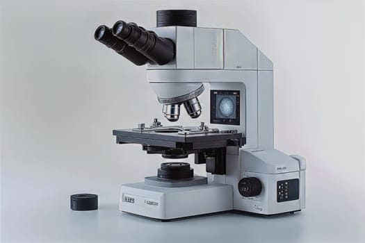 Precise microscope stands on a clean workspace, reflecting the importance of research and discovery in a sterile lab environment.
