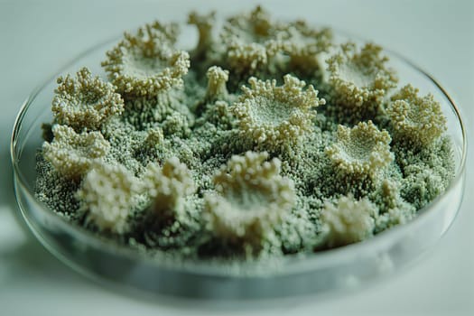 Intricate structures of mold develop on a petri dish as dusk settles, showcasing nature's artistry in a scientific environment.