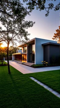 The modern individual residential house is surrounded by a well-groomed beautiful lawn. High quality photo