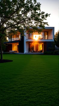 The modern individual residential house is surrounded by a well-groomed beautiful lawn. High quality photo