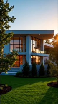 The modern individual residential house is surrounded by a well-groomed beautiful lawn. High quality photo