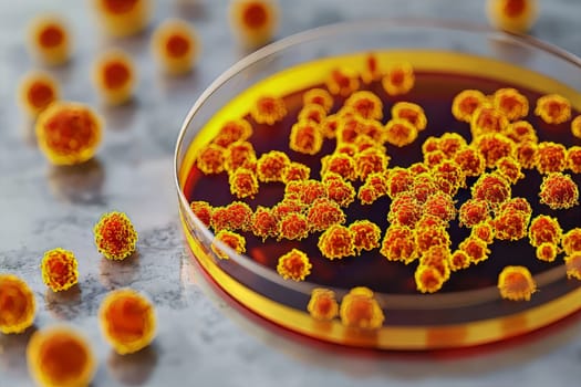 Colorful microorganisms fill a petri dish, showcasing intricate details of cellular structures in a richly hued environment.