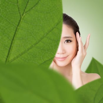 Asian beauty face closeup portrait with clean and fresh elegant lady. Studio shot.