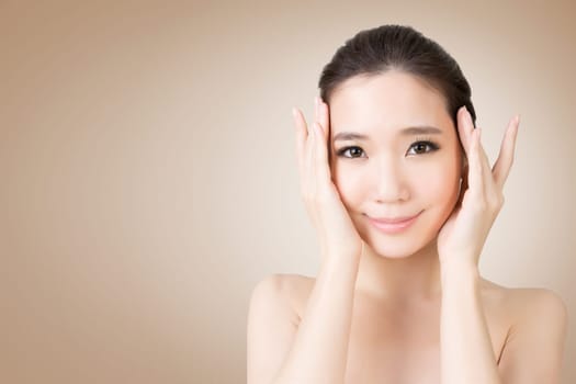 Asian beauty face closeup portrait with clean and fresh elegant lady. Studio shot.