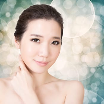 Asian beauty face closeup portrait with clean and fresh elegant lady. Studio shot.