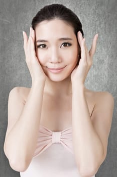Asian beauty face closeup portrait with clean and fresh elegant lady. Studio shot.