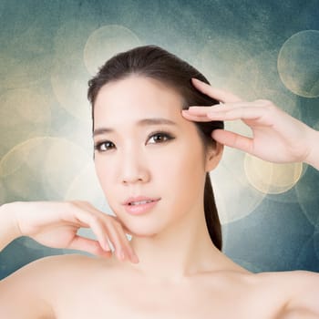 Asian beauty face closeup portrait with clean and fresh elegant lady. Studio shot.