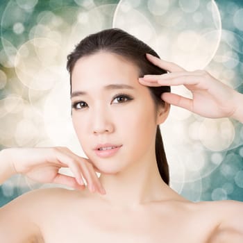 Asian beauty face closeup portrait with clean and fresh elegant lady. Studio shot.