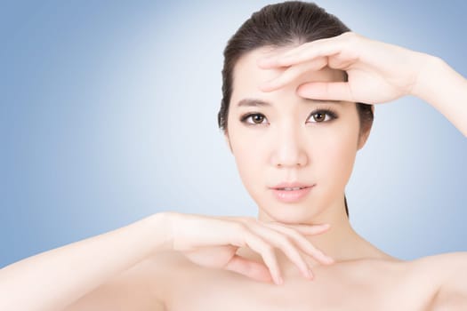 Asian beauty face closeup portrait with clean and fresh elegant lady. Studio shot.