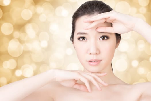 Asian beauty face closeup portrait with clean and fresh elegant lady. Studio shot.