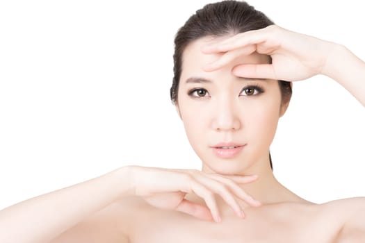 Asian beauty face closeup portrait with clean and fresh elegant lady. Studio shot.