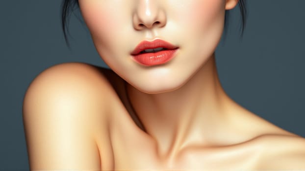 Portrait of beautiful asian woman on isolated grey background. High quality photo