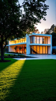 The modern individual residential house is surrounded by a well-groomed beautiful lawn. High quality photo
