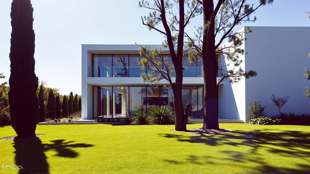 The modern individual residential house is surrounded by a well-groomed beautiful lawn. High quality photo