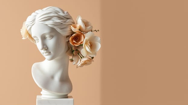 Stone statue covered with spring flowers on isolated background. High quality photo