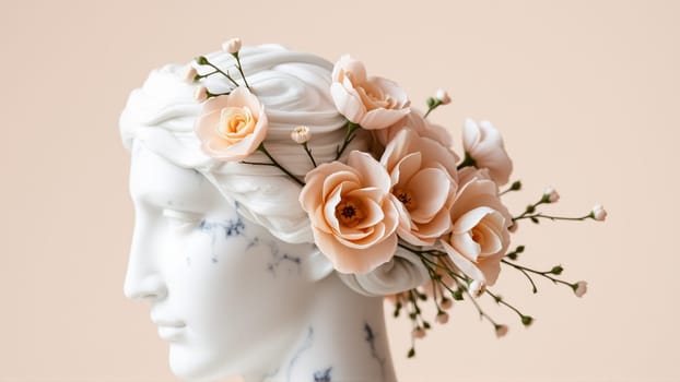 Stone statue covered with spring flowers on isolated background. High quality photo