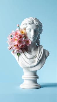 Stone statue covered with spring flowers on isolated background. High quality photo