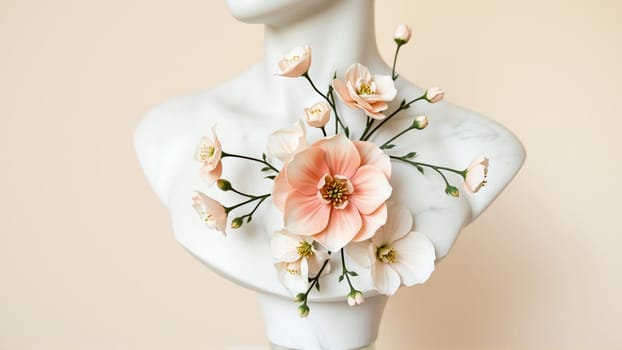 Stone statue covered with spring flowers on isolated background. High quality photo