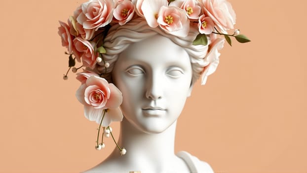 Stone statue covered with spring flowers on isolated background. High quality photo