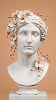 Stone statue covered with spring flowers on isolated background. High quality photo