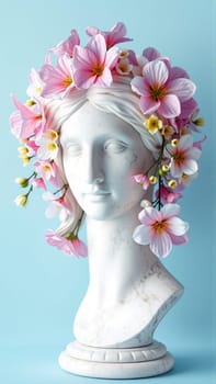Stone statue covered with spring flowers on isolated background. High quality photo