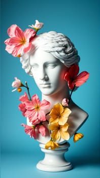 Stone statue covered with spring flowers on isolated background. High quality photo