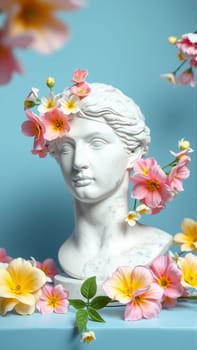 Stone statue covered with spring flowers on isolated background. High quality photo